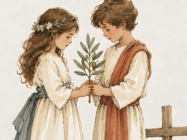 Children at the Cross watercolor print, close-up of the watercolor painting
