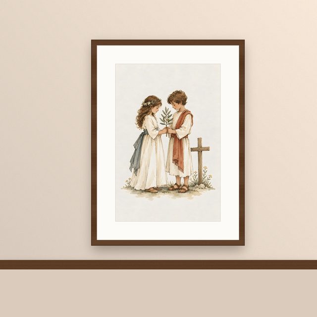Children at the Cross, watercolor print, framed on a wall