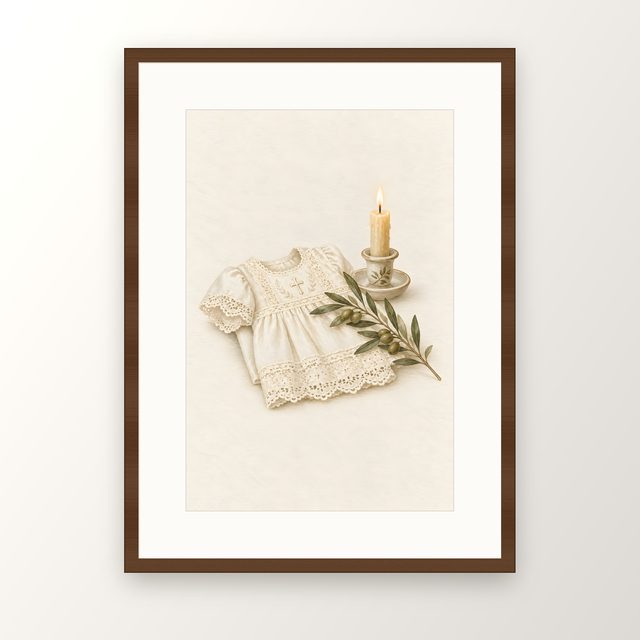 Christening Gown, watercolor print, framed