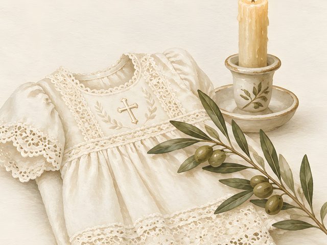 Christening Gown watercolor print, close-up of the watercolor painting