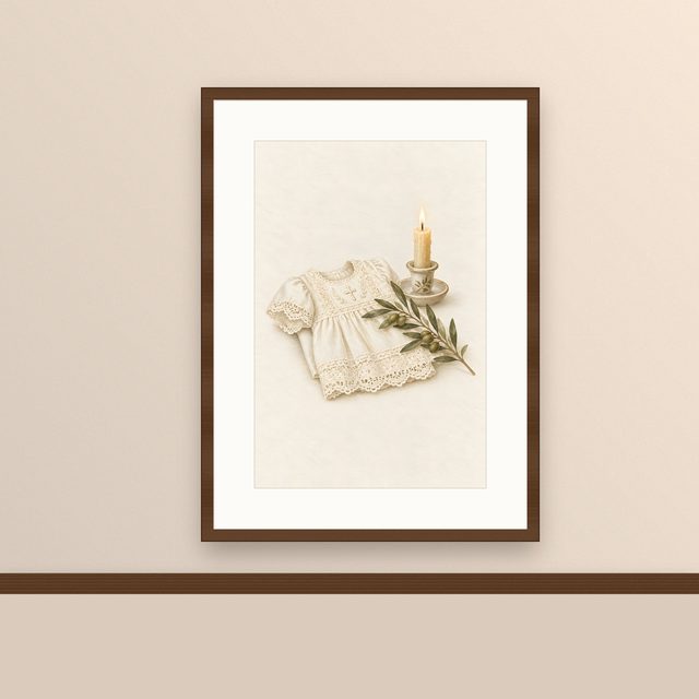 Christening Gown, watercolor print, framed on a wall
