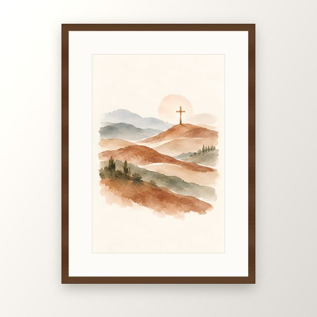 Cross on a Hill, watercolor print, framed