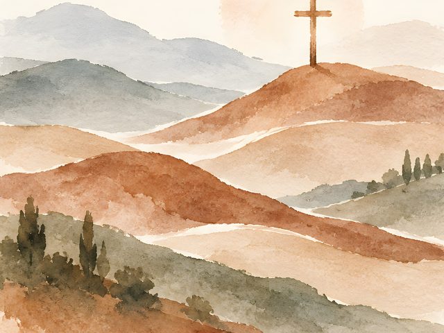 Cross on a Hill watercolor print, close-up of the watercolor painting