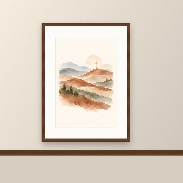 Cross on a Hill, watercolor print, framed on a wall