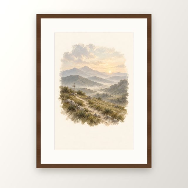 Cross on the Path, watercolor print, framed