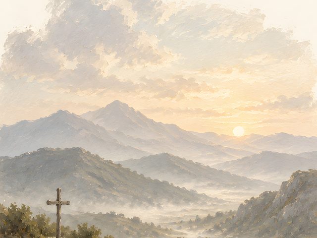 Cross on the Path watercolor print, close-up of the watercolor painting