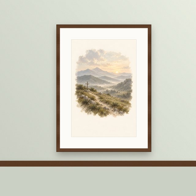 Cross on the Path, watercolor print, framed on a wall
