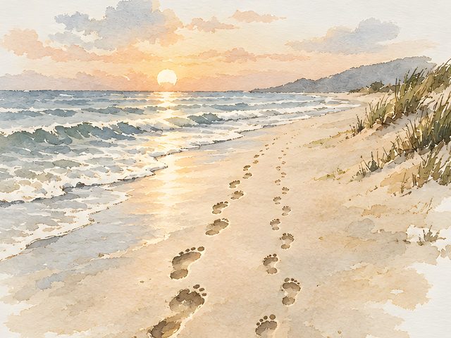 Footprints in the Sand, Deuteronomy 31:8 watercolor print, close-up of the watercolor painting