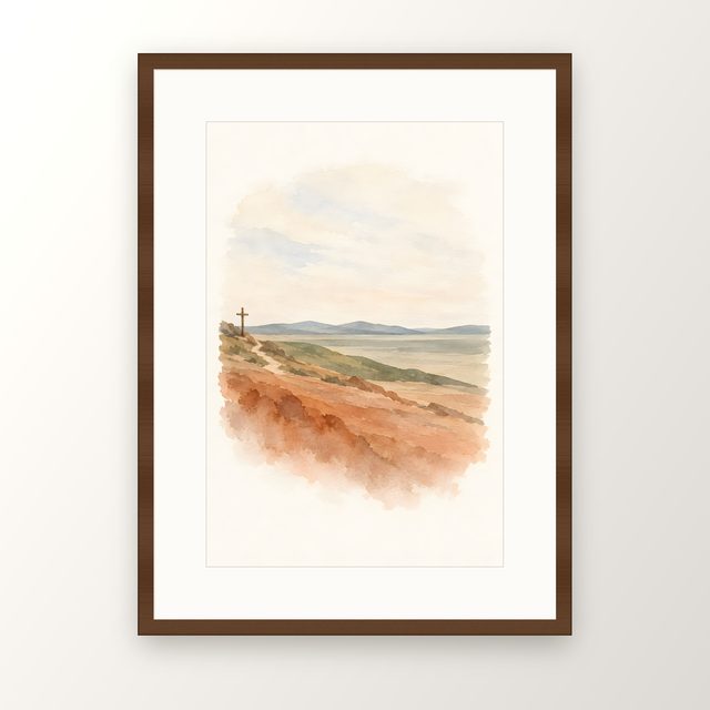 Distant Cross, watercolor print, framed