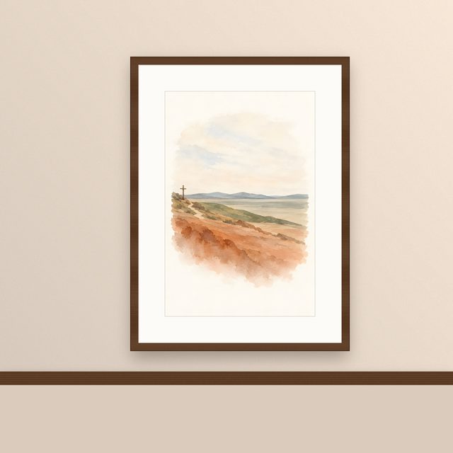 Distant Cross, watercolor print, framed on a wall