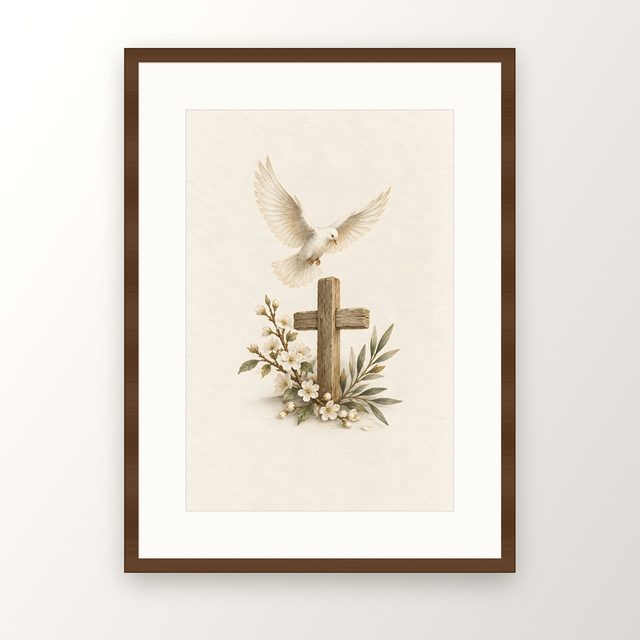 Dove and Cross, watercolor print, framed