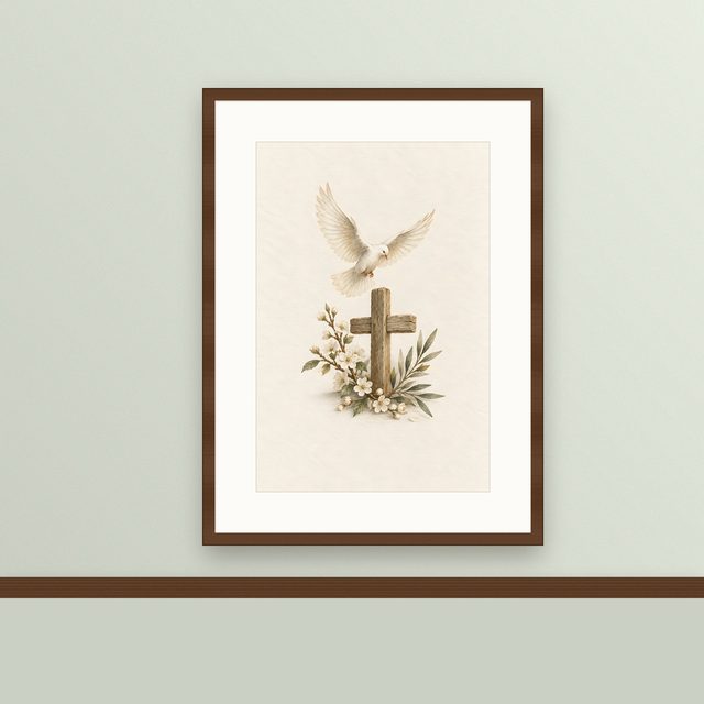 Dove and Cross, watercolor print, framed on a wall
