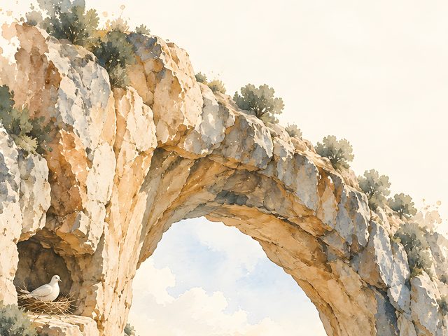 Dove Under the Arch watercolor print, close-up of the watercolor painting