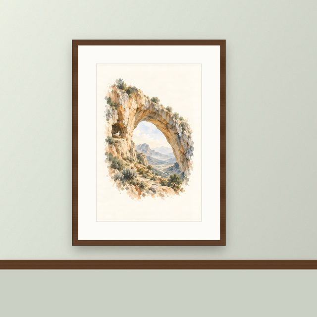 Dove Under the Arch, watercolor print, framed on a wall