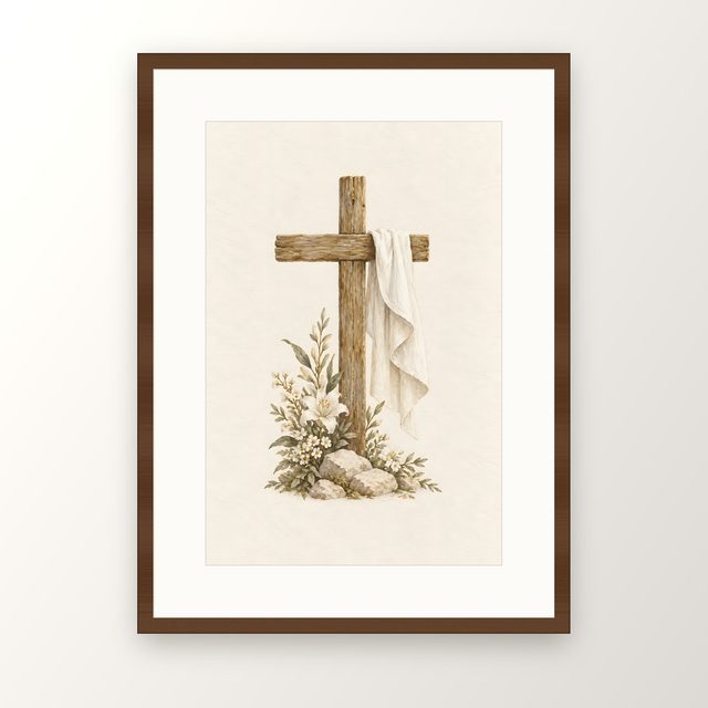 Draped Cross, watercolor print, framed