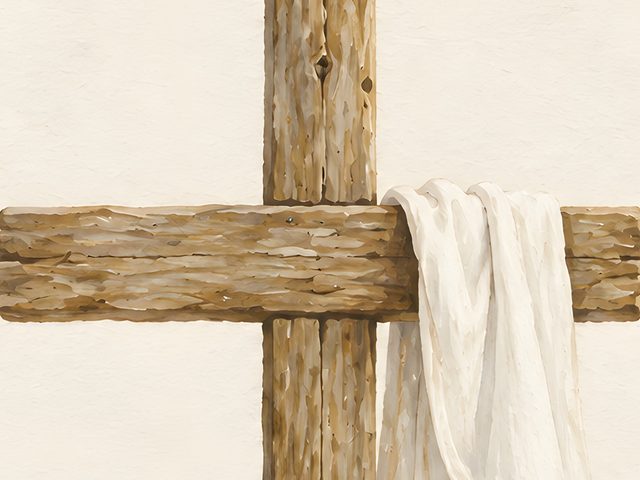 Draped Cross watercolor print, close-up of the watercolor painting