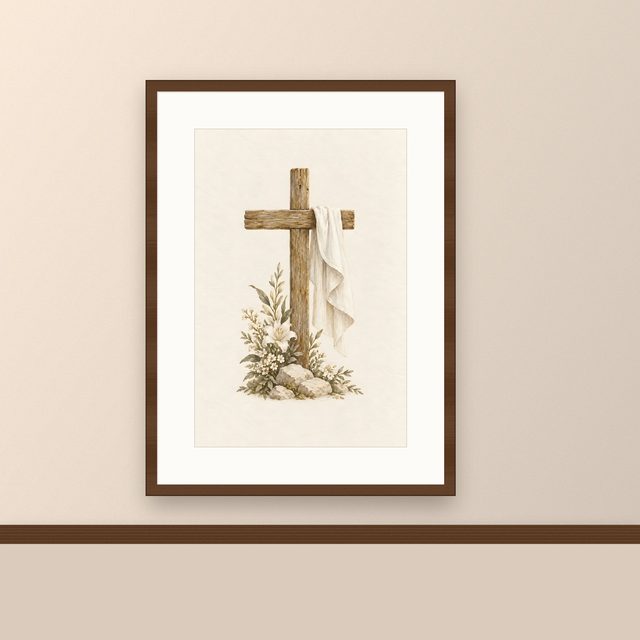 Draped Cross, watercolor print, framed on a wall