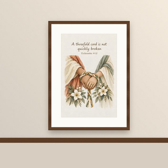 A Threefold Cord :12, Ecclesiastes 4:12 watercolor print, framed on a wall