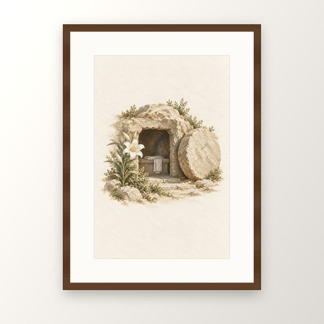 Empty Tomb and Lily, watercolor print, framed
