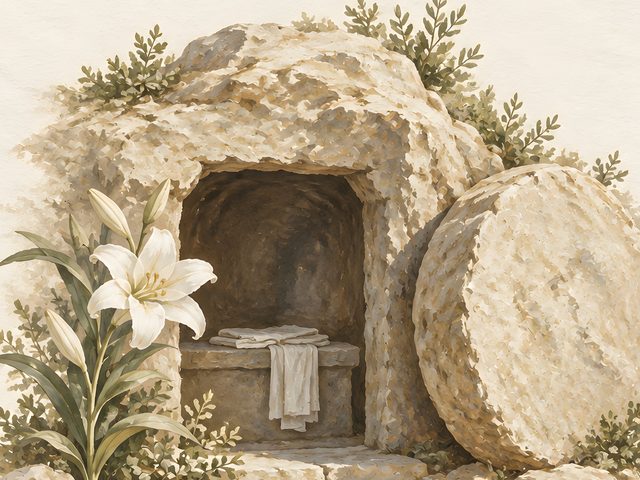 Empty Tomb and Lily watercolor print, close-up of the watercolor painting
