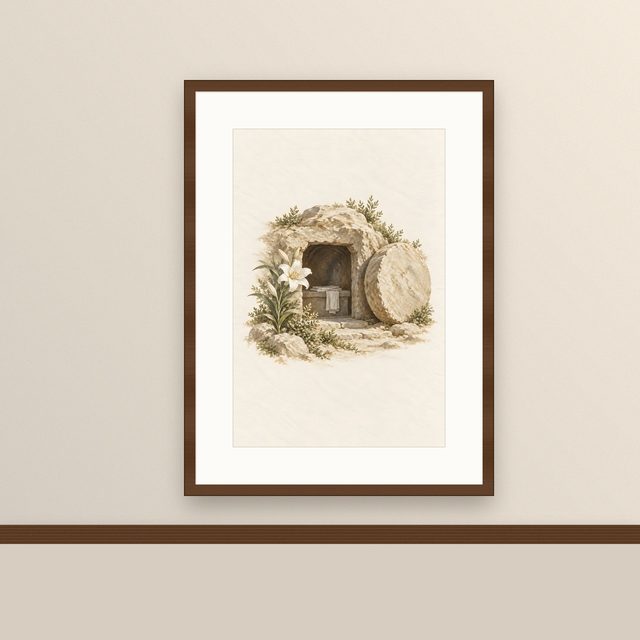 Empty Tomb and Lily, watercolor print, framed on a wall