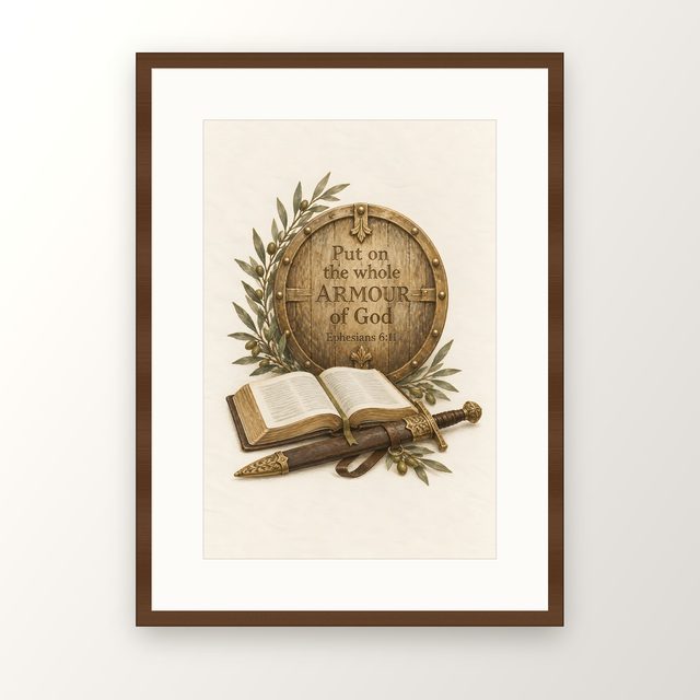 Put On the Whole Armour of God, Ephesians 6:11 watercolor print, framed