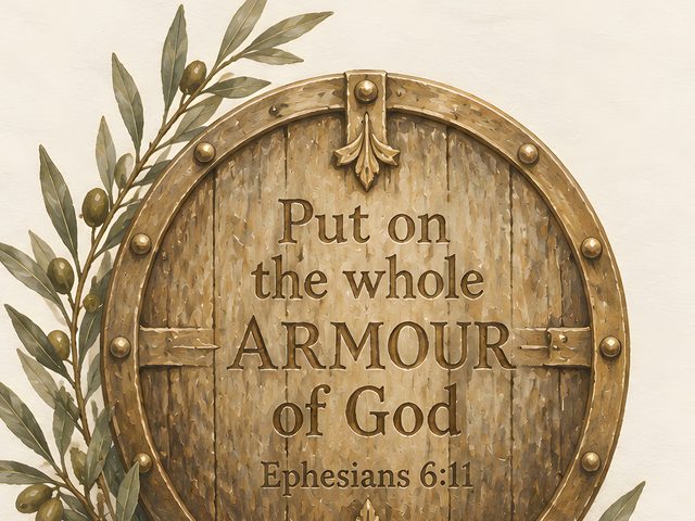 Put On the Whole Armour of God, Ephesians 6:11 watercolor print, close-up of the watercolor painting