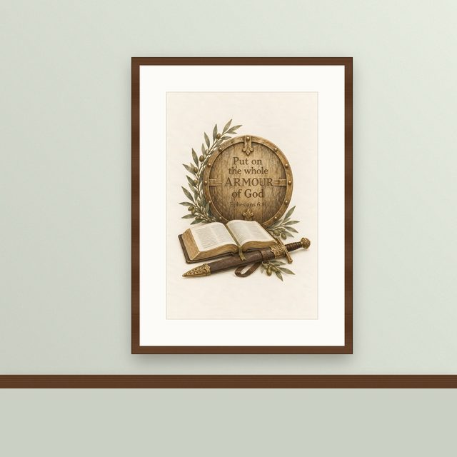 Put On the Whole Armour of God, Ephesians 6:11 watercolor print, framed on a wall
