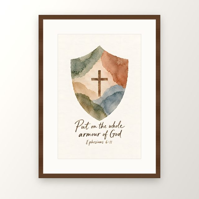 Shield and Cross, Ephesians 6:11 watercolor print, framed
