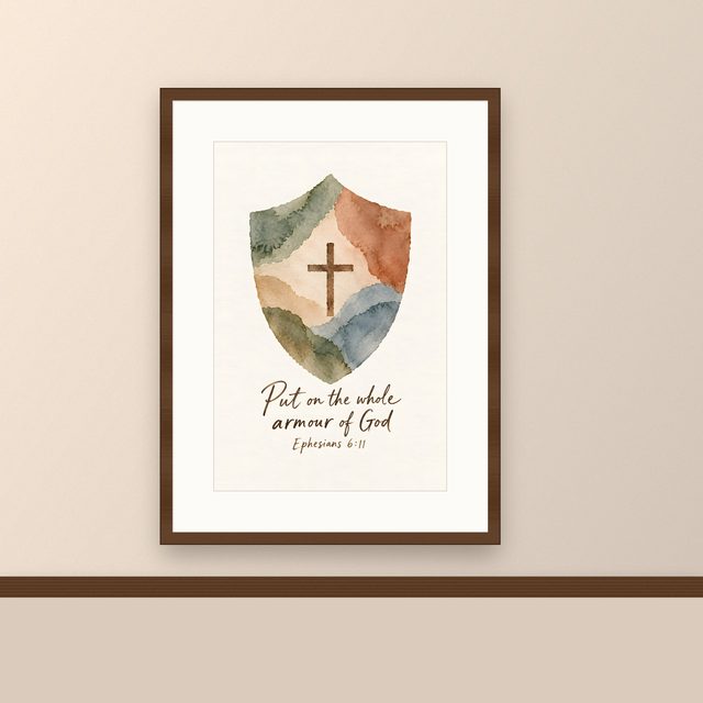 Shield and Cross, Ephesians 6:11 watercolor print, framed on a wall