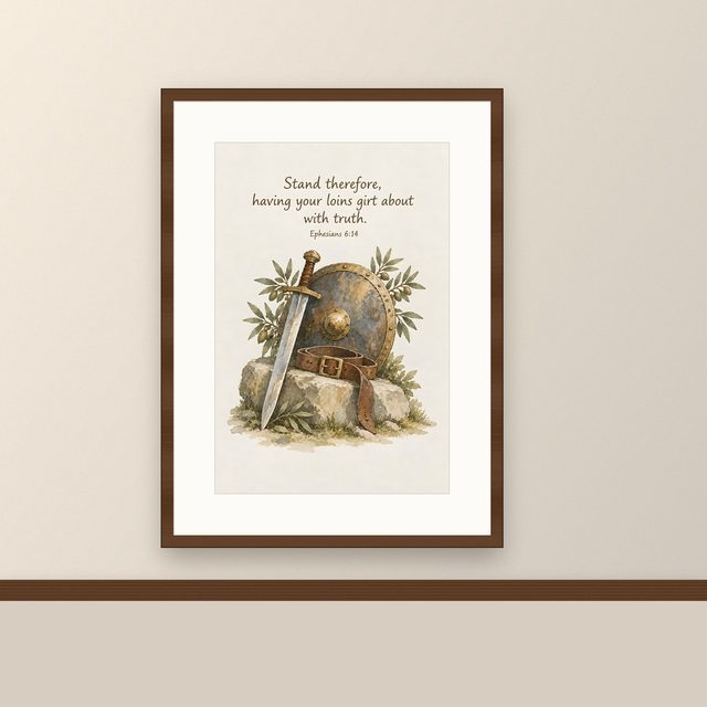 Armor of God, Ephesians 6:14 watercolor print, framed on a wall