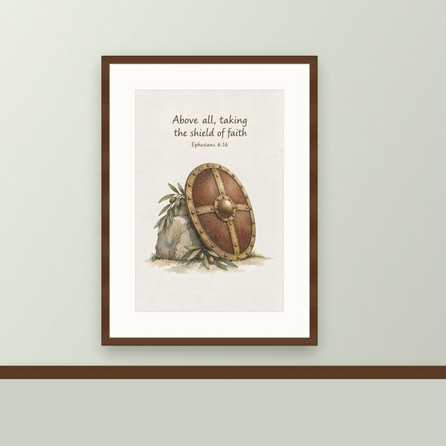 Armor of God, Ephesians 6:16 watercolor print, framed on a wall