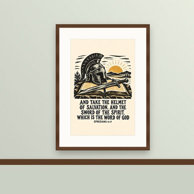 Helmet of Salvation, Ephesians 6:17 watercolor print, framed on a wall
