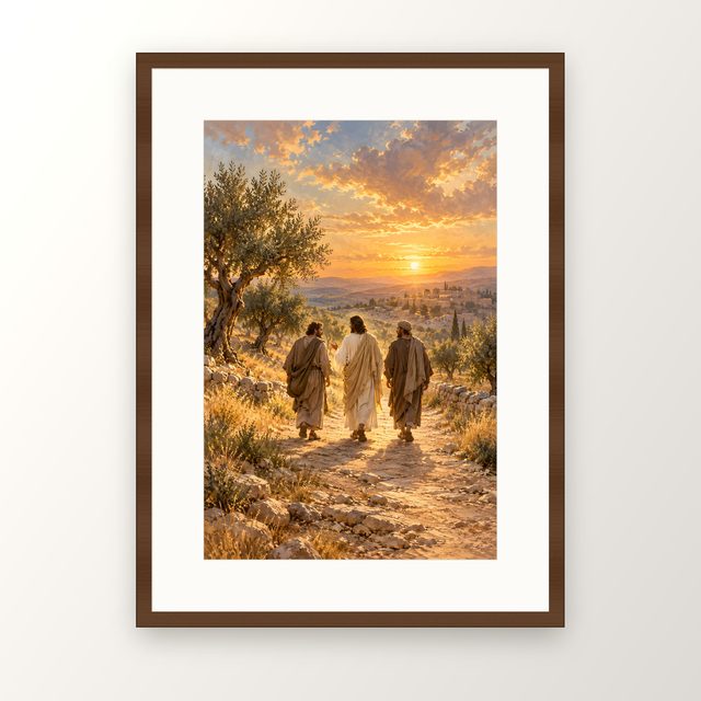 Evening Road to Emmaus oil-style print, in a walnut frame with a white mat