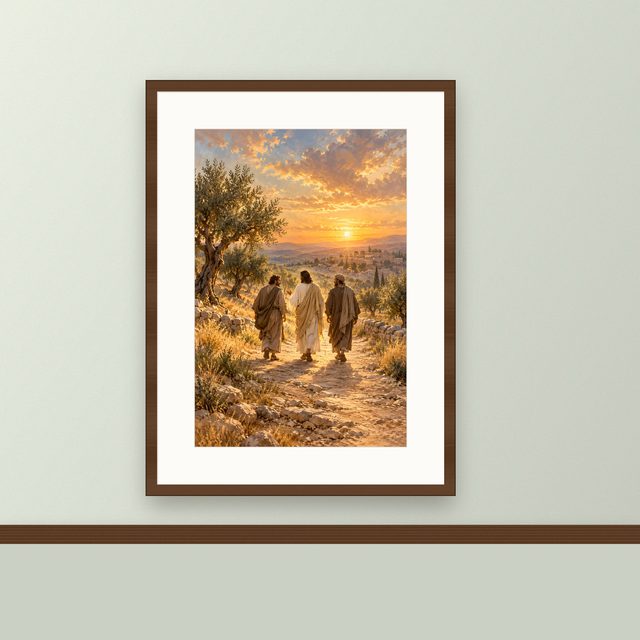 Evening Road to Emmaus oil-style print, framed and hung on a painted wall above a wooden ledge
