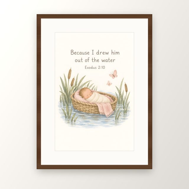 Baby Moses, Exodus 2:10 watercolor print, framed