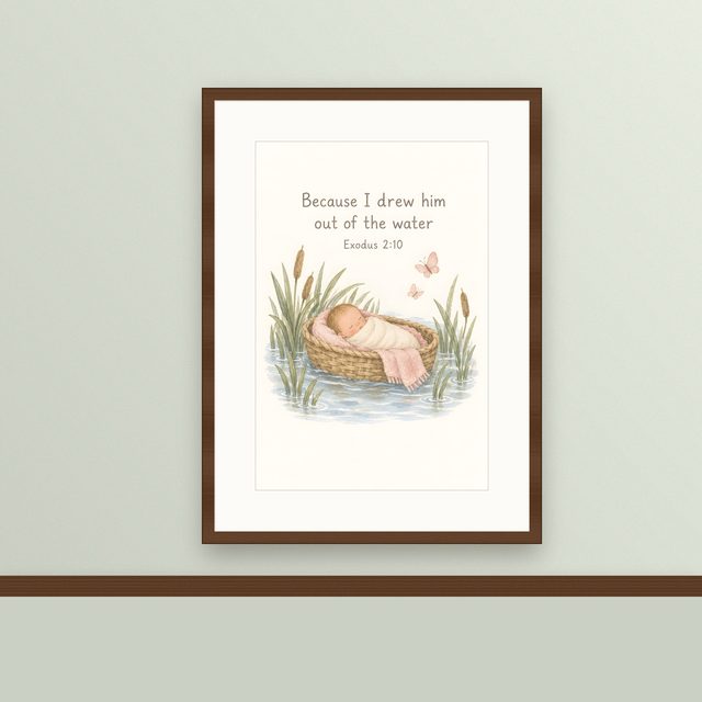 Baby Moses, Exodus 2:10 watercolor print, framed on a wall