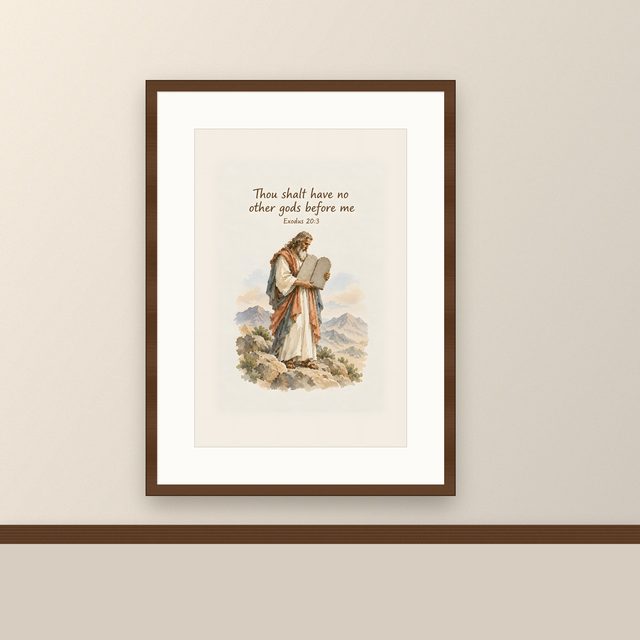 Ten Commandments, Exodus 20:3 watercolor print, framed on a wall