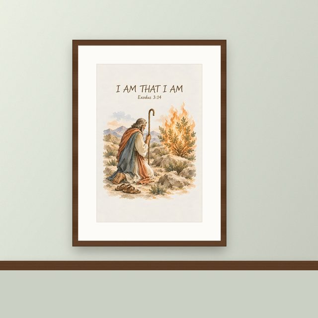 Burning Bush, Exodus 3:14 watercolor print, framed on a wall