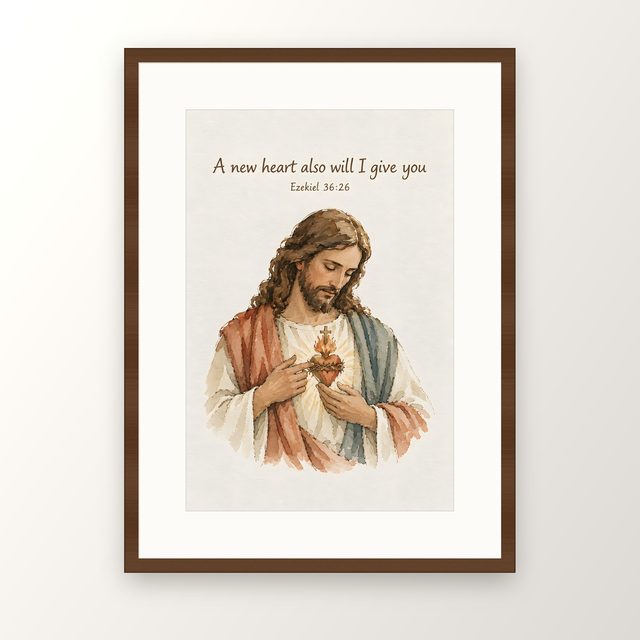 Sacred Heart, Ezekiel 36:26 watercolor print, framed