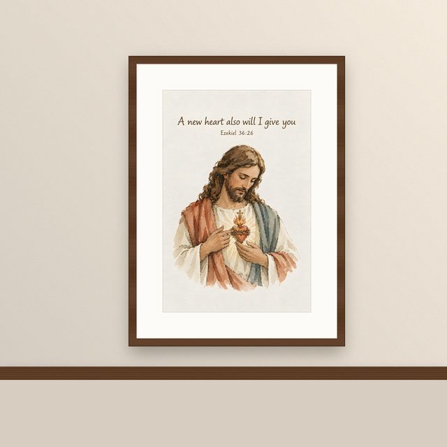Sacred Heart, Ezekiel 36:26 watercolor print, framed on a wall