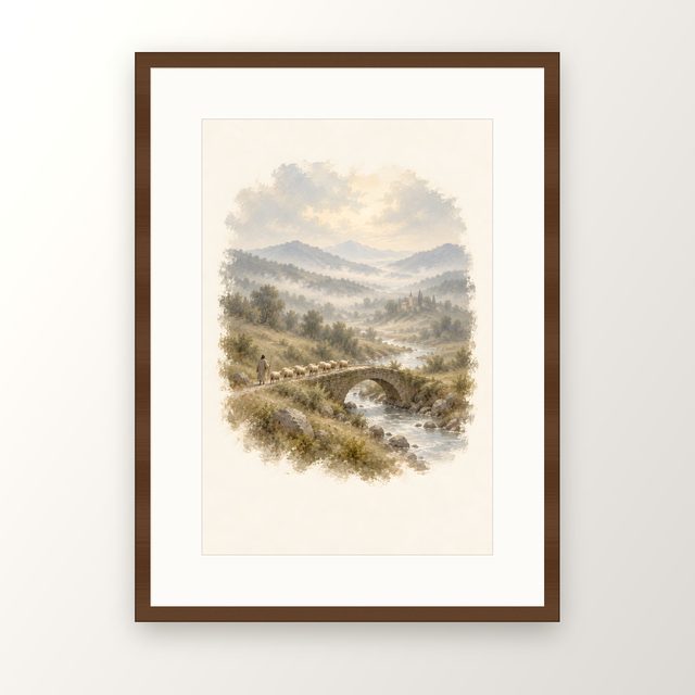 Flock on the Bridge, watercolor print, framed
