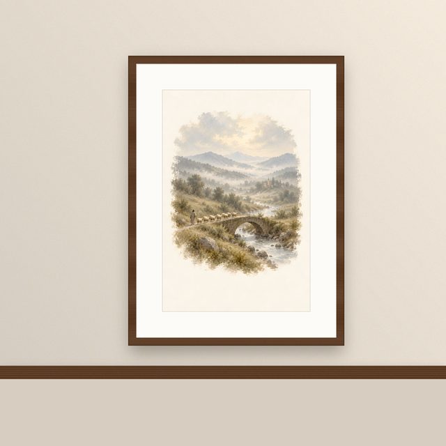 Flock on the Bridge, watercolor print, framed on a wall