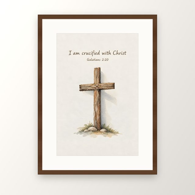 Wooden Cross, Galatians 2:20 watercolor print, framed