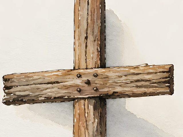 Wooden Cross, Galatians 2:20 watercolor print, close-up of the watercolor painting