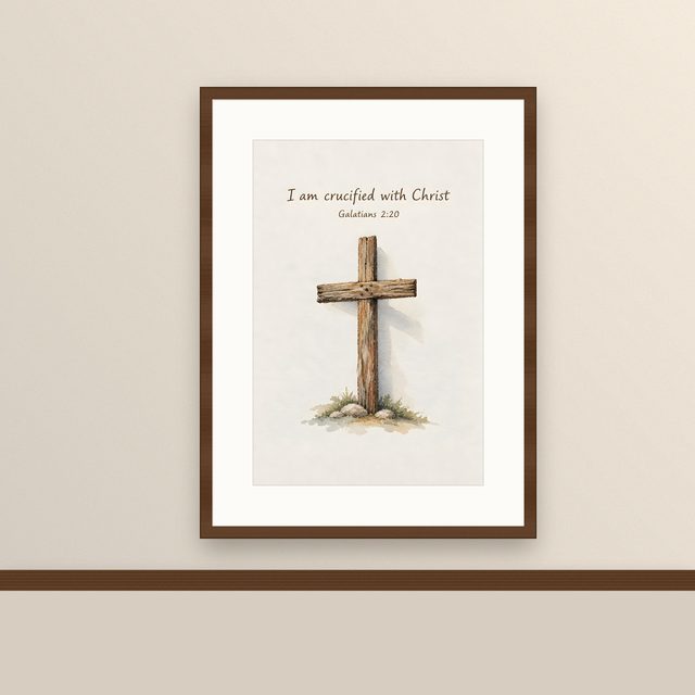 Wooden Cross, Galatians 2:20 watercolor print, framed on a wall