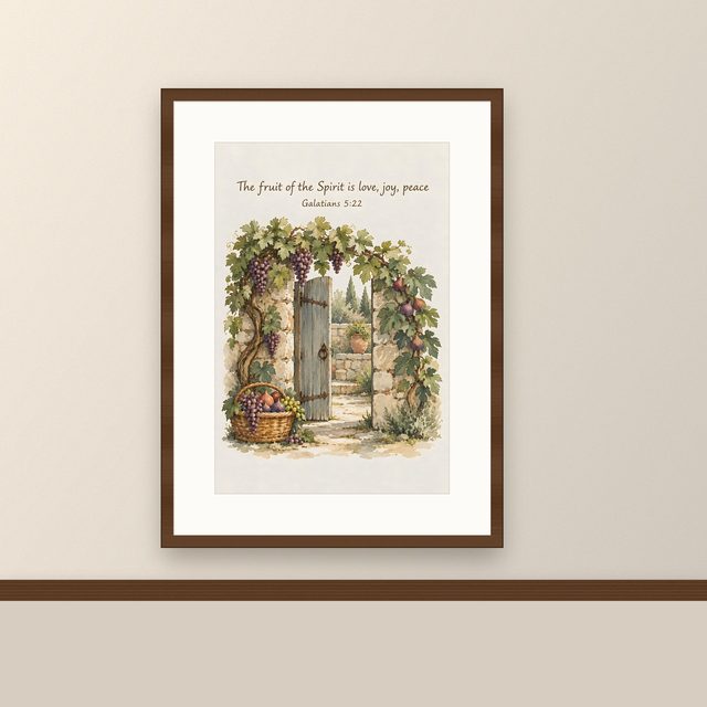 Grapevine Garden, Galatians 5:22 watercolor print, framed on a wall