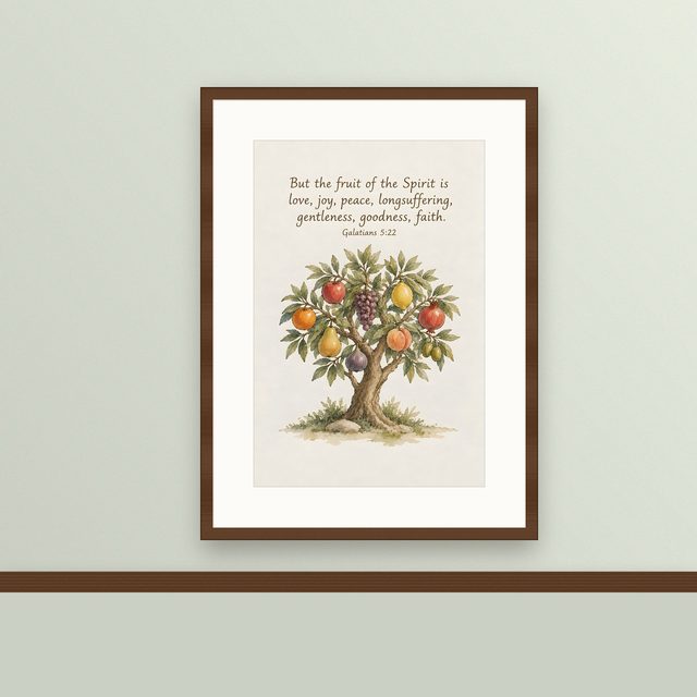 The Fruit of the Spirit, Galatians 5:22 watercolor print, framed on a wall