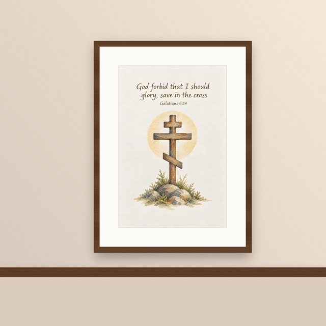Orthodox Cross, Galatians 6:14 watercolor print, framed on a wall