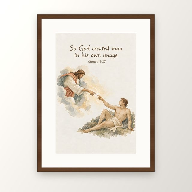 Creation of Adam, Genesis 1:27 watercolor print, framed